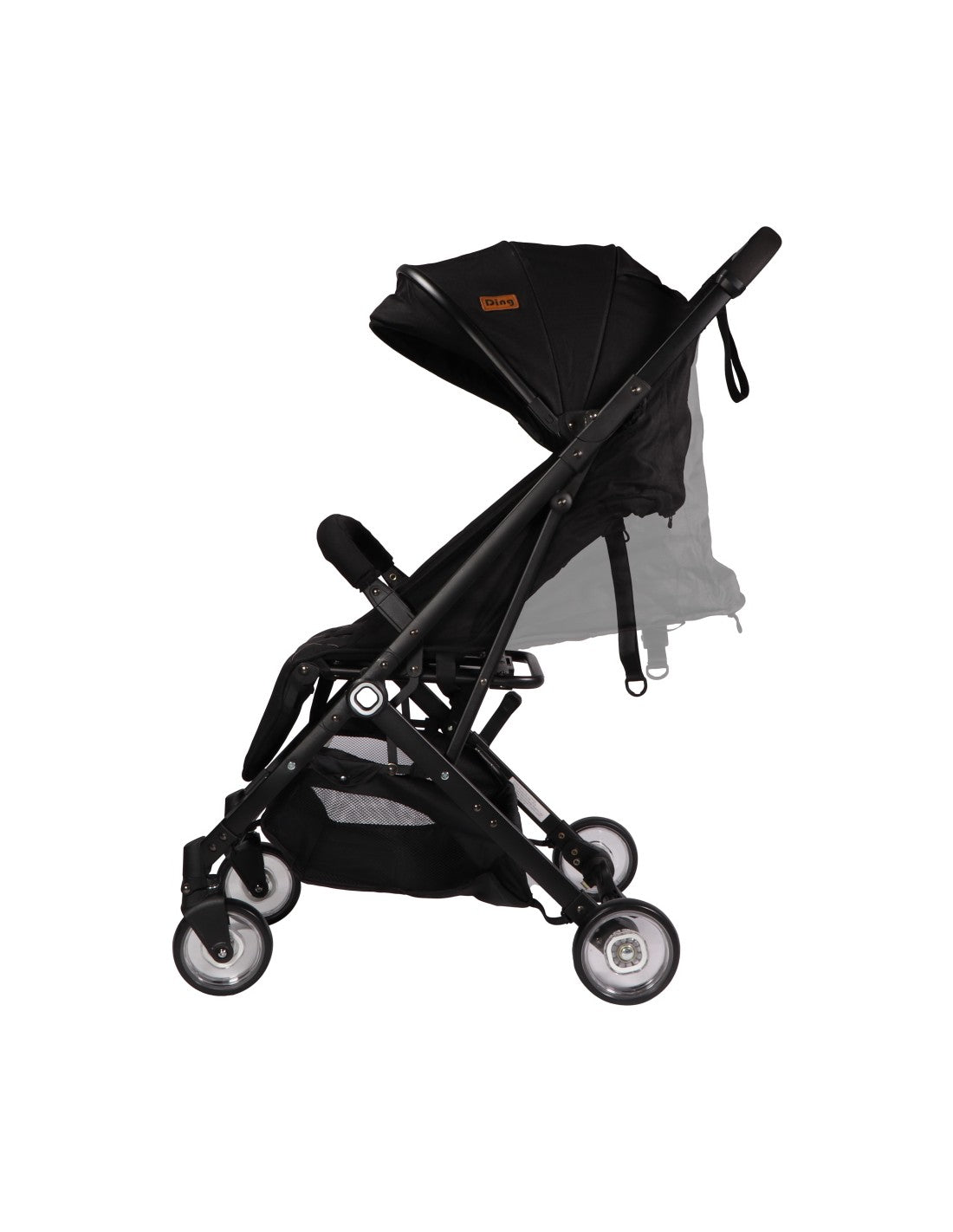 Carrinho de passeio Ding Vivo preto, visto de lado, com capota e cesto de arrumação visíveis. Design compacto.