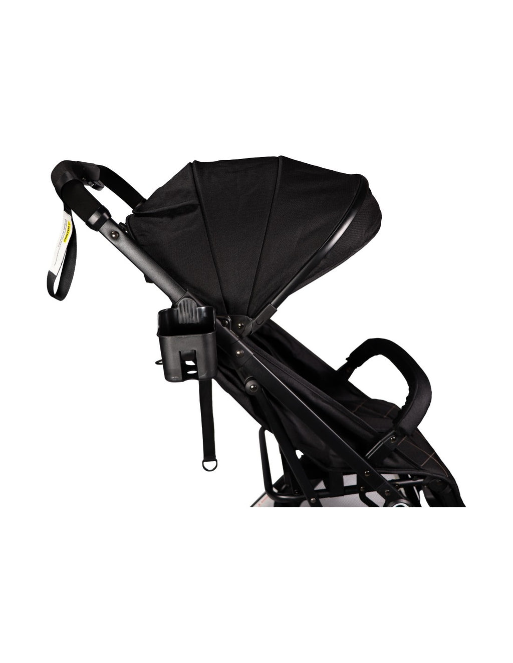 Detalhe do guiador do carrinho Ding Vivo, mostrando o suporte para copos acoplado e o cinto de segurança.