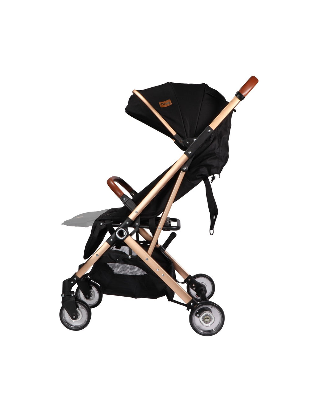 Carrinho Ding Vivo com o apoio de pés ajustado para cima, indicando a posição de descanso ou semi-deitada.