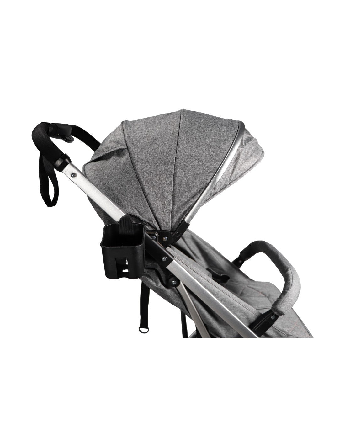 Carrinho Ding Vivo em uso, com criança (simulada) e destacando o grande cesto de compras inferior para arrumação.