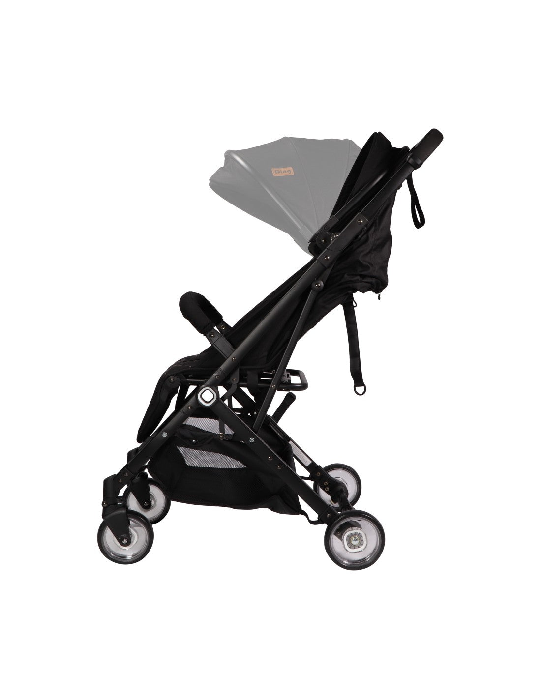 O carrinho Ding Vivo em cor cinzento/prata, evidenciando o suporte para copos incluído fixado ao guiador.