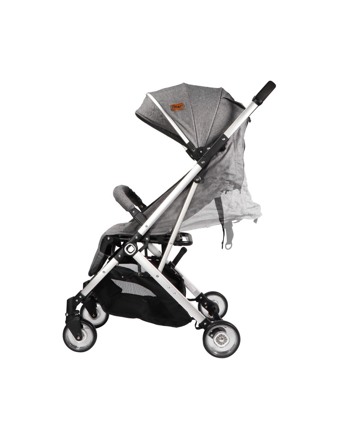 Carrinho de passeio Ding Vivo dobrado, mostrando o sistema compacto de fecho com uma mão. Ideal para transporte.