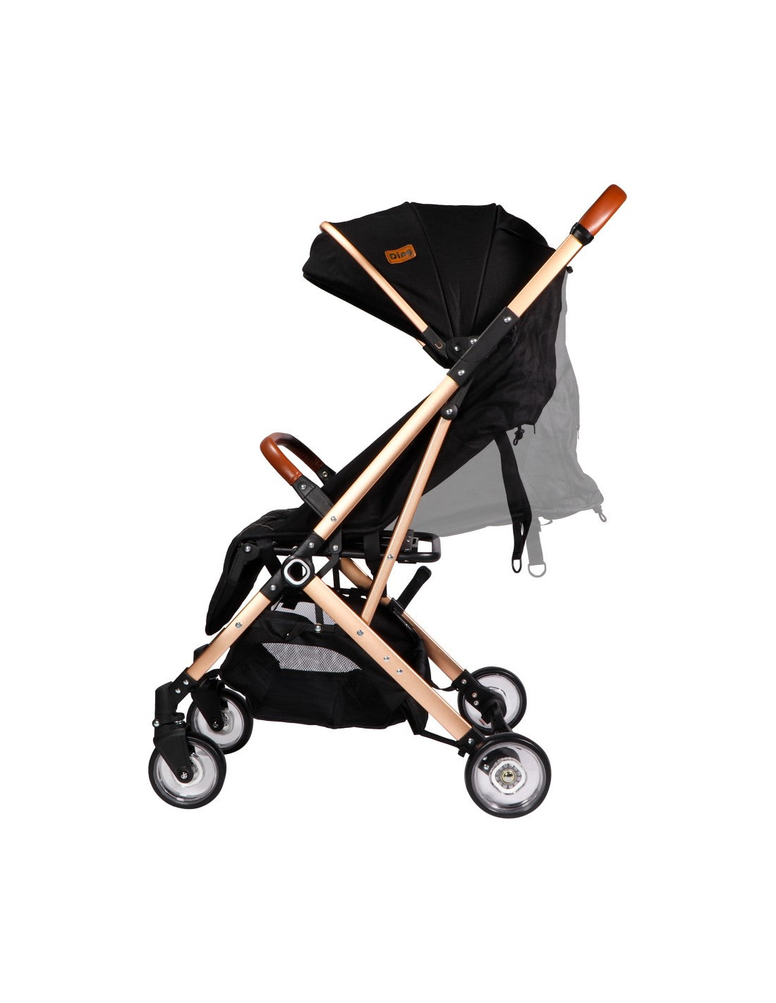 Carrinho Ding Vivo em posição intermédia, destacando o encosto reclinado parcialmente e a capota estendida.