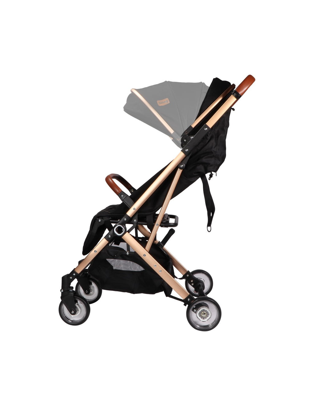 Demonstração do ajuste do encosto do carrinho Ding Vivo, mostrando a posição mais reclinada para descanso.