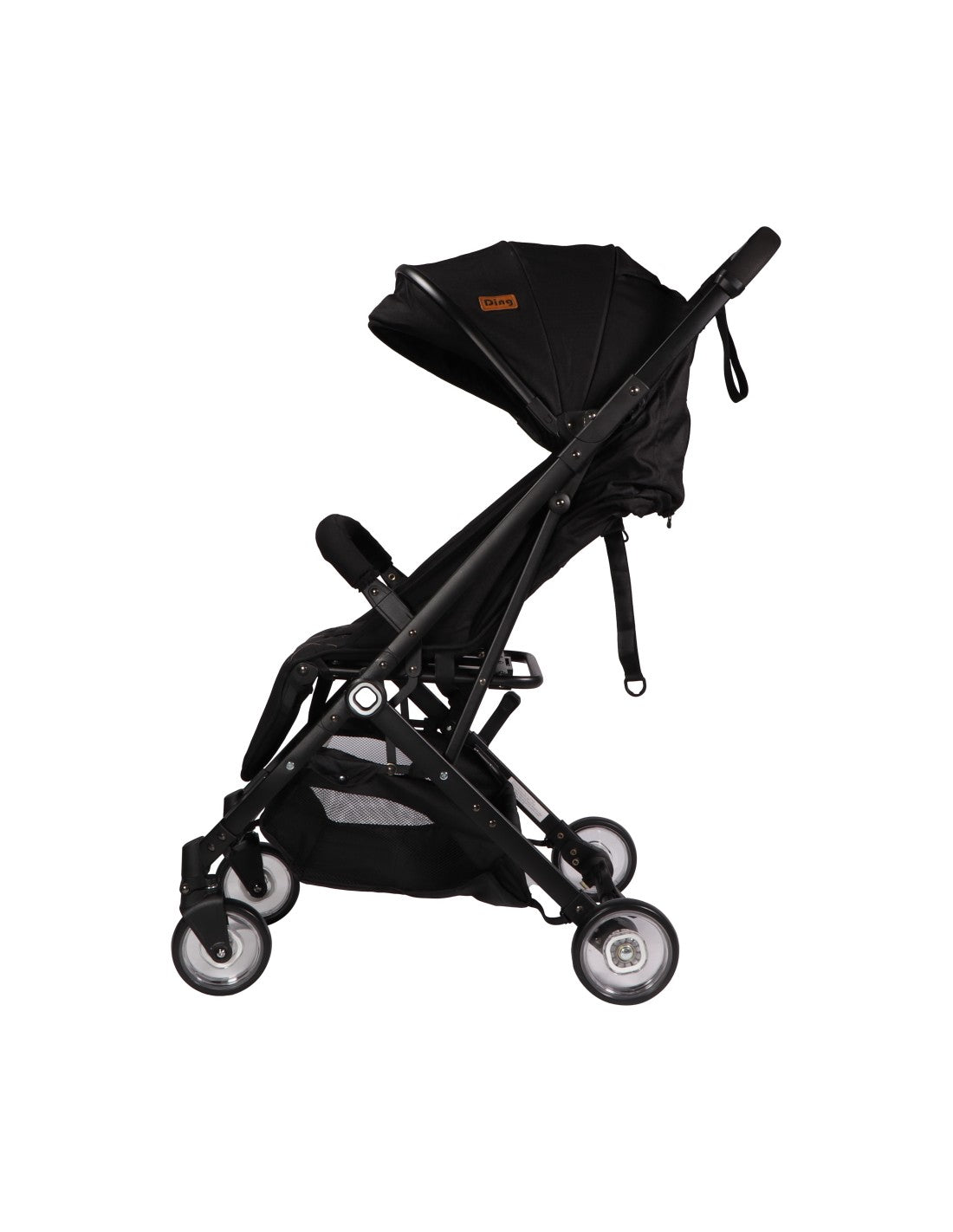 Vista lateral do carrinho Ding Vivo em preto, com encosto reclinado, destacando o cesto de compras inferior e as rodas.