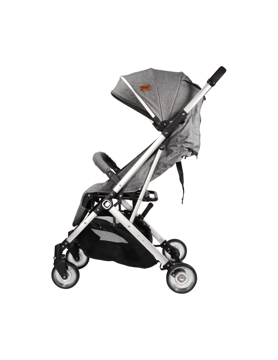 Vista frontal do carrinho Ding Vivo, mostrando as rodas dianteiras giratórias e o manuseamento fácil.