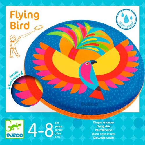Embalagem do disco de espuma Flying Bird da marca Djeco com ilustração de um pássaro colorido, indicado para crianças dos 4 aos 8 anos.