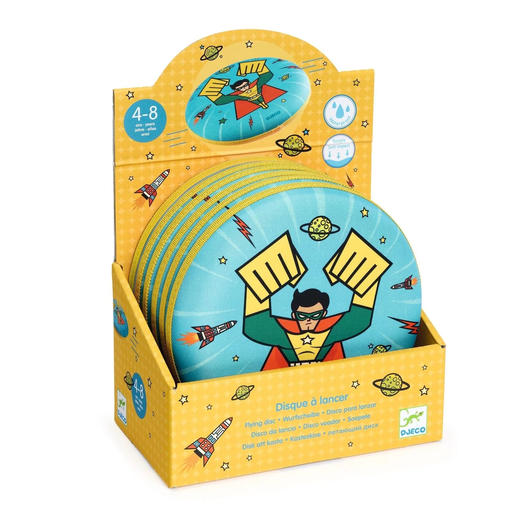 Disco voador de espuma Djeco com ilustrações de super-herói numa caixa expositora amarela.