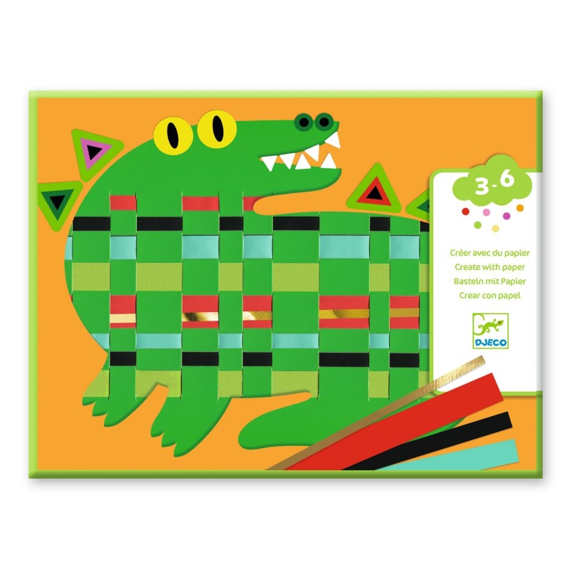 Caixa do kit de atividades Djeco 'Criar com Papel - Para a frente e para trás', mostrando um crocodilo verde criado com a técnica de tecelagem de papel.