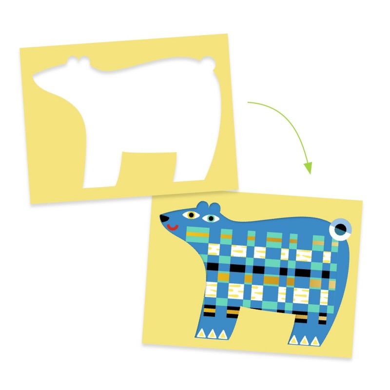 Exemplo do processo da atividade Djeco: um molde de urso em branco e o resultado final com tiras de papel coloridas tecidas, criando um padrão axadrezado.