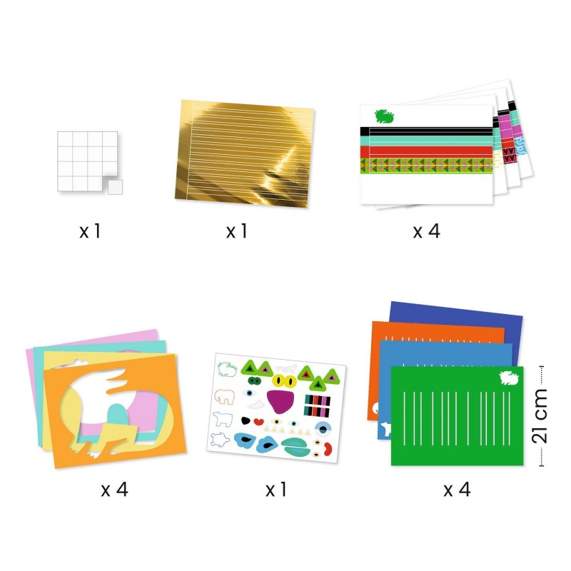 Conteúdo completo do kit de trabalhos manuais Djeco, incluindo 4 moldes de animais, tiras de papel, autocolantes e folhas de base para a tecelagem.