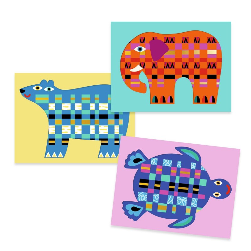Três dos animais finalizados com a técnica de tecelagem de papel do kit Djeco: um elefante laranja, um urso azul e uma tartaruga roxa.