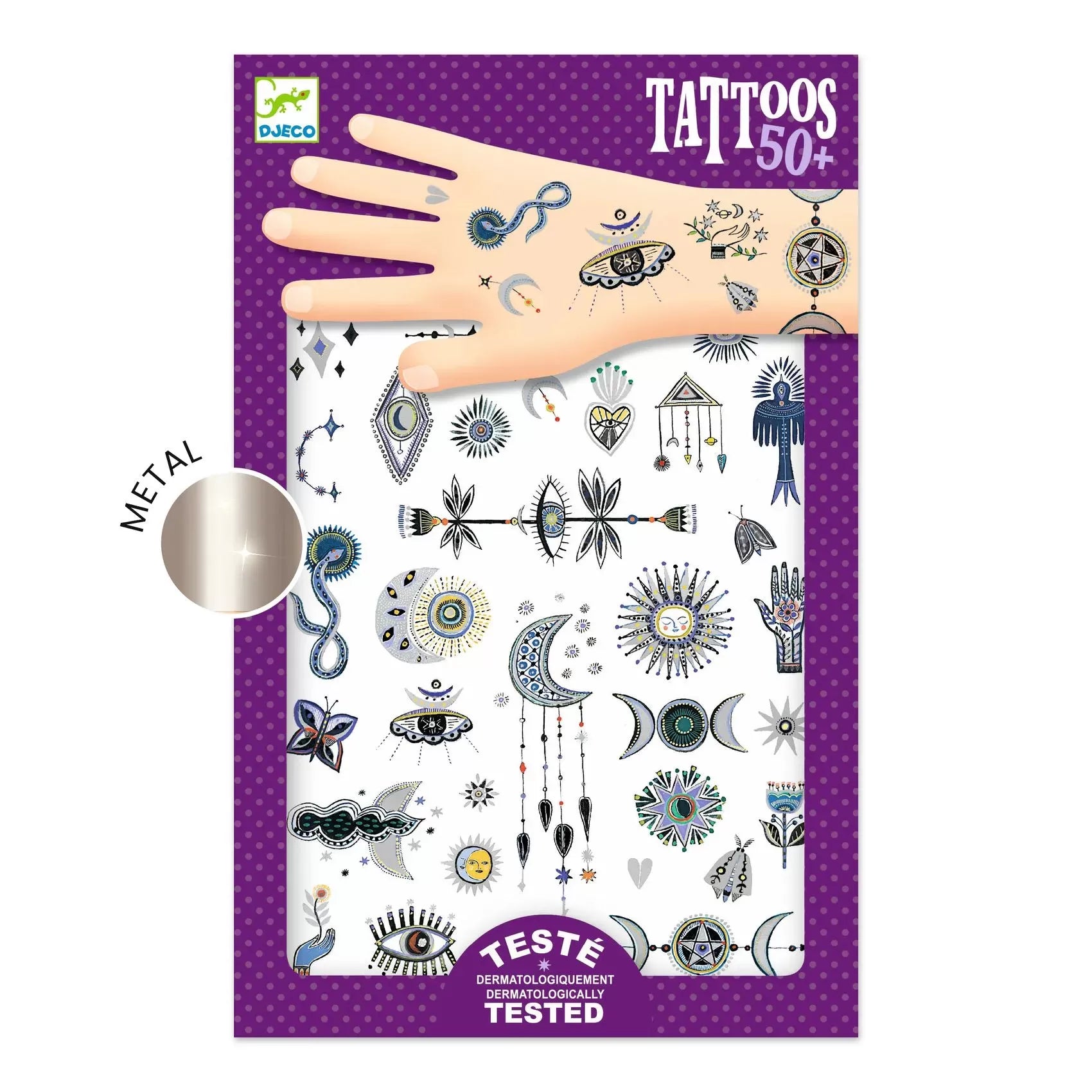 Embalagem das Djeco 50 Tatuagens Wicca Efeito Metalizado, mostrando designs de lua, sol e símbolos místicos, com selo "Metal".