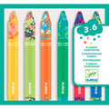 Conjunto de 4 lápis de cera Djeco com corpo liso e ponta com padrão de confetes multicolor, exibindo o logótipo e a faixa etária 3-6 anos na embalagem.