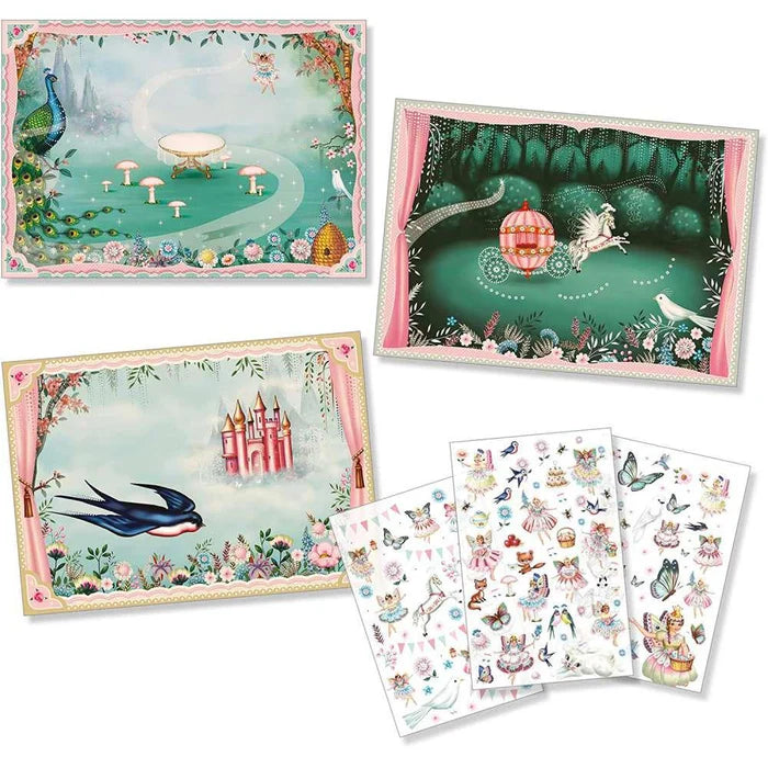 Conjunto dos 3 cenários de fundo temáticos do País da Fantasia e as 3 folhas de decalques incluídas no kit Djeco.