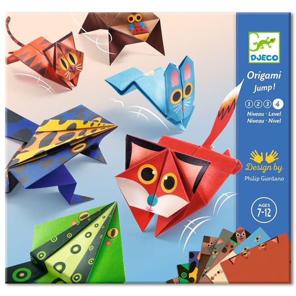 Capa do kit Djeco Origami Animais Saltitantes, mostrando vários animais de origami coloridos (gato, cão, raposa, sapo) prontos a saltar. Inclui logótipo Djeco e indicação de idade (7-12 anos).