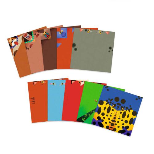 Conjunto de folhas de origami estampadas incluídas no kit, exibindo padrões variados para criar diferentes animais, como um leopardo, um gato e um cão.