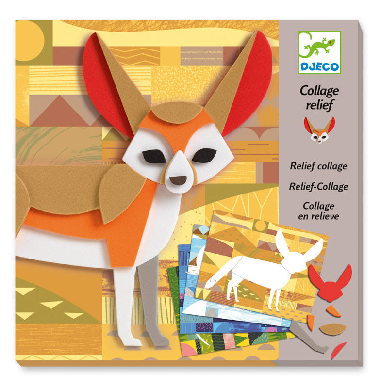 Embalagem do kit Djeco Colagem em Relevo - Selva, mostrando um fennec em 3D feito com espuma adesiva sobre fundo abstrato.