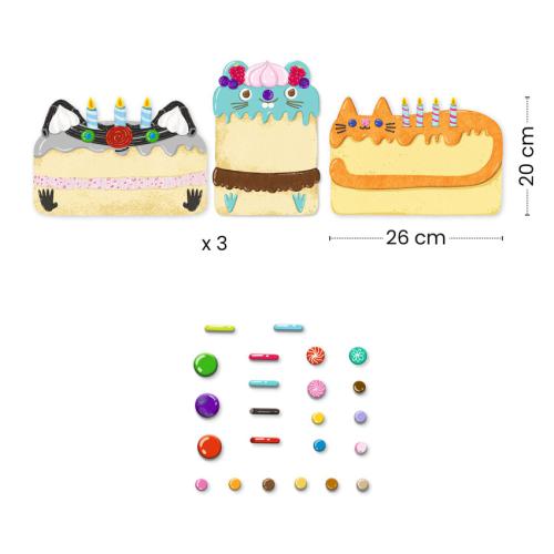 Conteúdo do kit Djeco: 3 silhuetas de bolos para decorar (gato, rato, bolo de aniversário) e amostra dos diversos materiais de colagem incluídos.