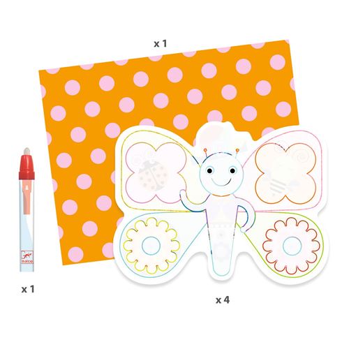 Componentes do kit Djeco: caneta de água, placa de fundo com bolinhas, e uma placa de atividade em forma de borboleta para colorir com água.