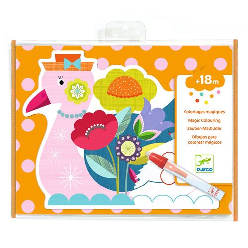 Embalagem do kit de colorir mágico Djeco Animalo-Len, com fundo laranja de bolinhas, apresentando uma ave estilizada e a indicação de idade +18 meses.