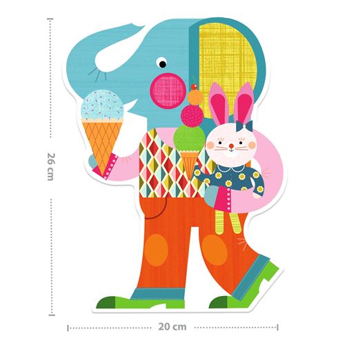 Exemplo de placa de atividade Djeco com um elefante azul a segurar gelados e um coelho, com dimensões indicadas de 26 cm de altura por 20 cm de largura.