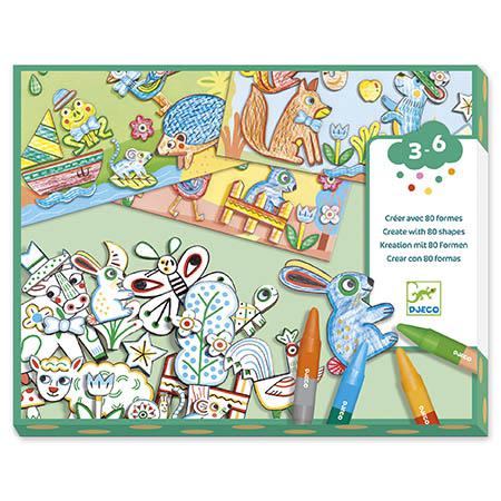 Caixa do Kit Djeco "Cria o teu mundo Animais" com formas recortáveis, lápis de cera e exemplos de colagens coloridas. Idade 3-6 anos.