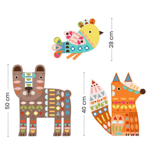 Ilustração com as três figuras de animais (urso, raposa, pássaro) criadas, mostrando as suas dimensões: urso 50 cm, raposa 40 cm e pássaro 28 cm.