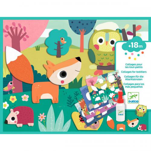 Conteúdo da caixa "Djeco - As minhas primeiras colagens" mostrando animais coloridos (raposa, coruja, ouriço) e autocolantes pré-recortados, indicando atividade para +18 meses.