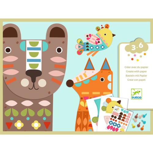 Imagem de apresentação do kit Djeco Animais Gigantes com o urso, raposa e pássaro coloridos, e indicação de idade 3-6 anos.