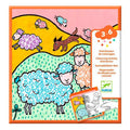 Caixa do produto "Djeco Atividades de colorir - Quinta" com ilustração colorida de ovelhas e um cão, destacando a faixa etária 3-6 anos e a marca Djeco.