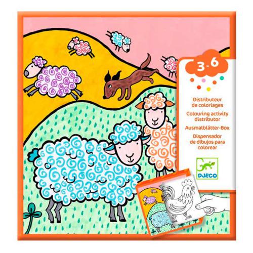 Caixa do produto "Djeco Atividades de colorir - Quinta" com ilustração colorida de ovelhas e um cão, destacando a faixa etária 3-6 anos e a marca Djeco.