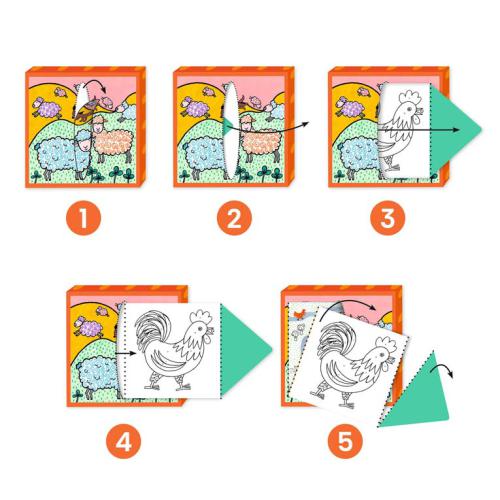 Diagrama ilustrativo em 5 passos que demonstra o método de uso dos estênceis dobráveis para revelar gradualmente a imagem final de um galo.