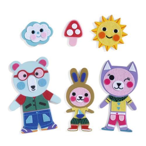 Três animais de feltro completamente decorados (urso, coelho e gato) e três acessórios temáticos (nuvem, cogumelo, sol) criados com o kit Djeco.
