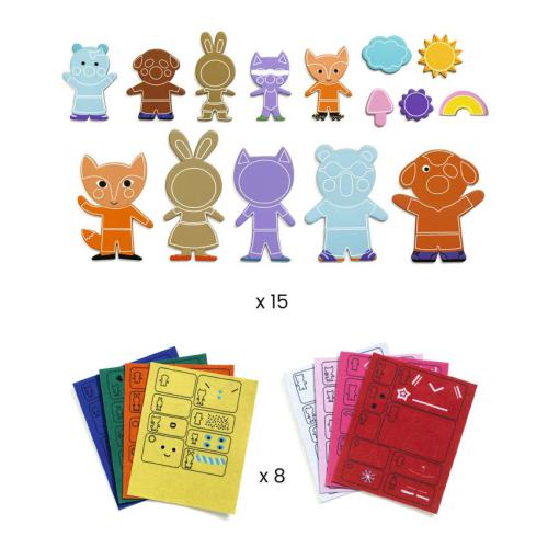 Conteúdo do kit: 15 ímanes de animais em silhueta (vazios e decorados) e pilhas de folhas de autocolantes de feltro coloridos para personalização.