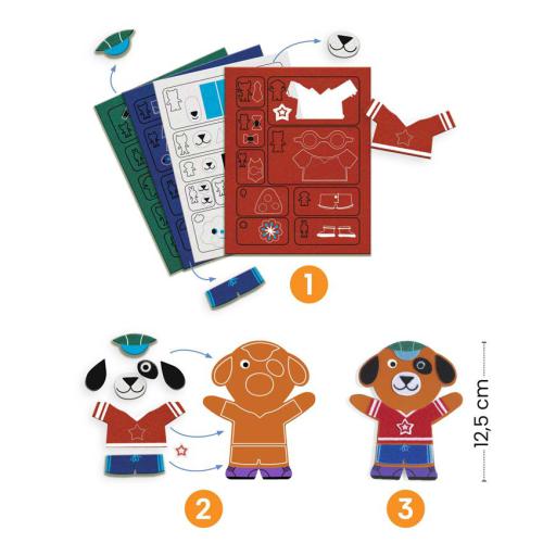 Instruções visuais do kit Djeco, mostrando a seleção de moldes (1), a base do cão (2) e o cão finalizado (3), com indicação de 12,5 cm de altura.