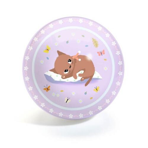Djeco bola saltitona adorável de 12cm com ilustração de gato a dormir e flores.
