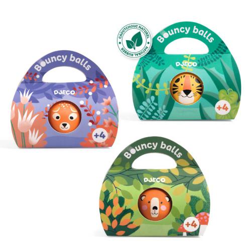 Três bolas saltitonas Djeco Wild, cada uma com um animal diferente (tigre, leão, raposa) e embalagem individual com tema de selva.