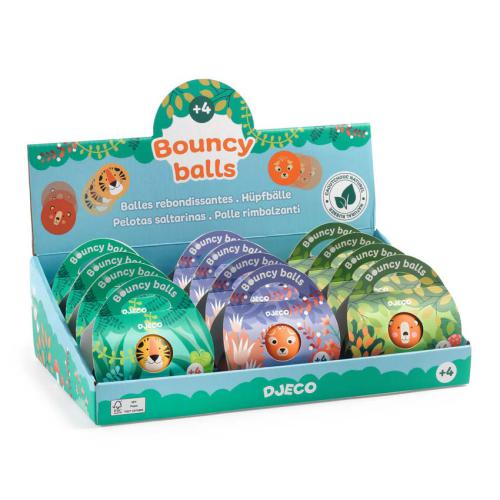 Expositores de bolas saltitonas Djeco Wild com embalagens sortidas de animais (tigre, leão, raposa).