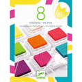 Embalagem do conjunto Djeco com 8 almofadas de tinta pop em cores vibrantes (verde, laranja, rosa, roxo, azul, etc.) e o logótipo da marca.