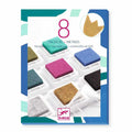 Embalagem da caixa Djeco com 8 almofadas de tinta brilhante em várias cores (incluindo dourado e prateado) para carimbos.