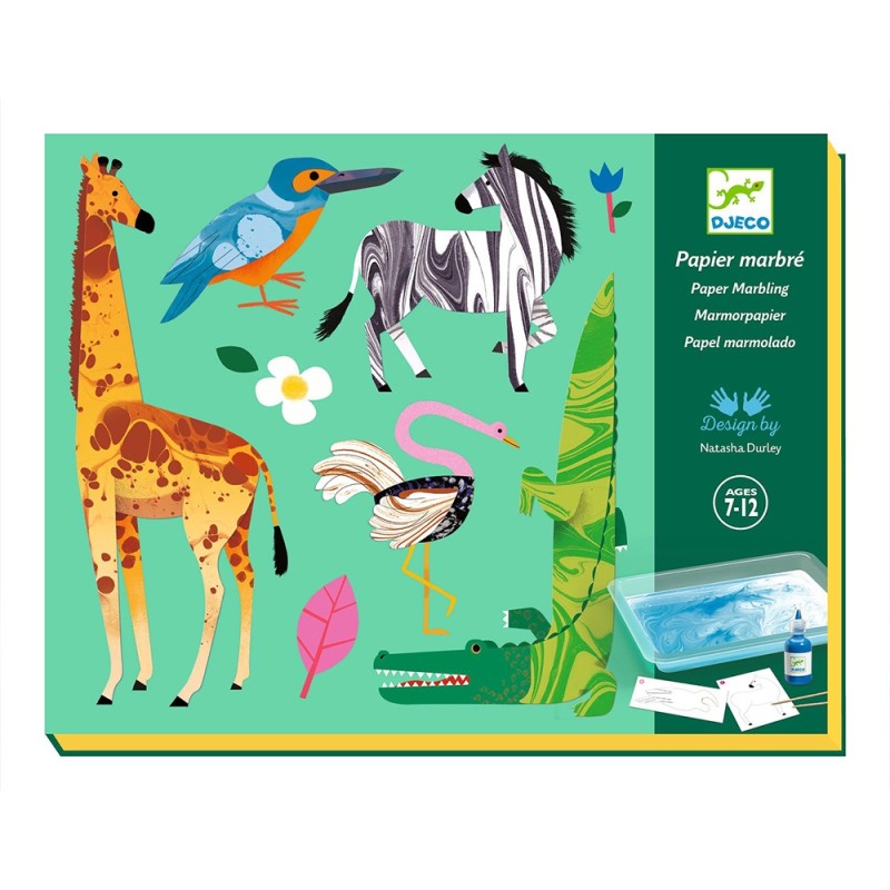 Caixa Djeco Papel Marmoreado com ilustrações de animais (girafa, pássaro, zebra) e recipiente de água para a técnica artística.