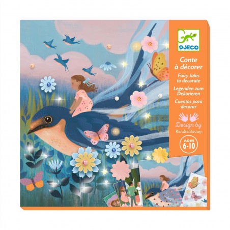 Caixa Djeco "Thumbelina Contos de Fadas" com ilustração de uma menina a voar numa andorinha, com flores e borboletas.