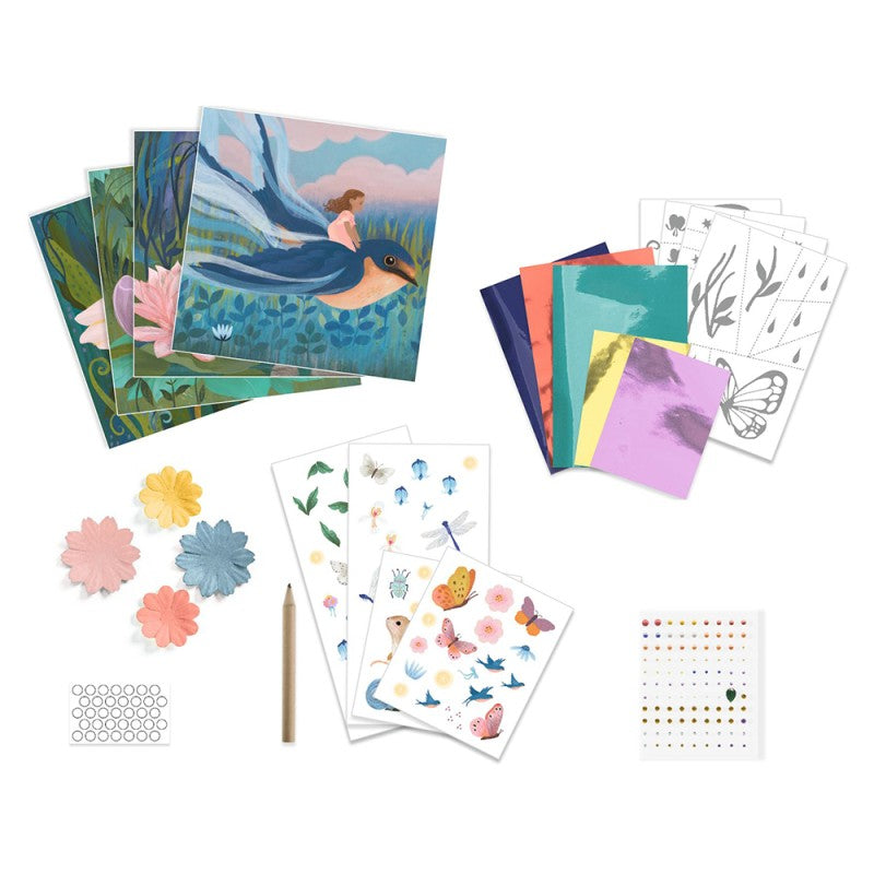 Conteúdo completo da caixa Djeco: ilustrações, folhas metalizadas, flores 3D, strass, decalcomanias e lápis.