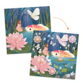 Demonstração do efeito "antes e depois" da decoração de uma ilustração com decalcomanias e strass, mostrando a Polegarzinha junto a um peixe.