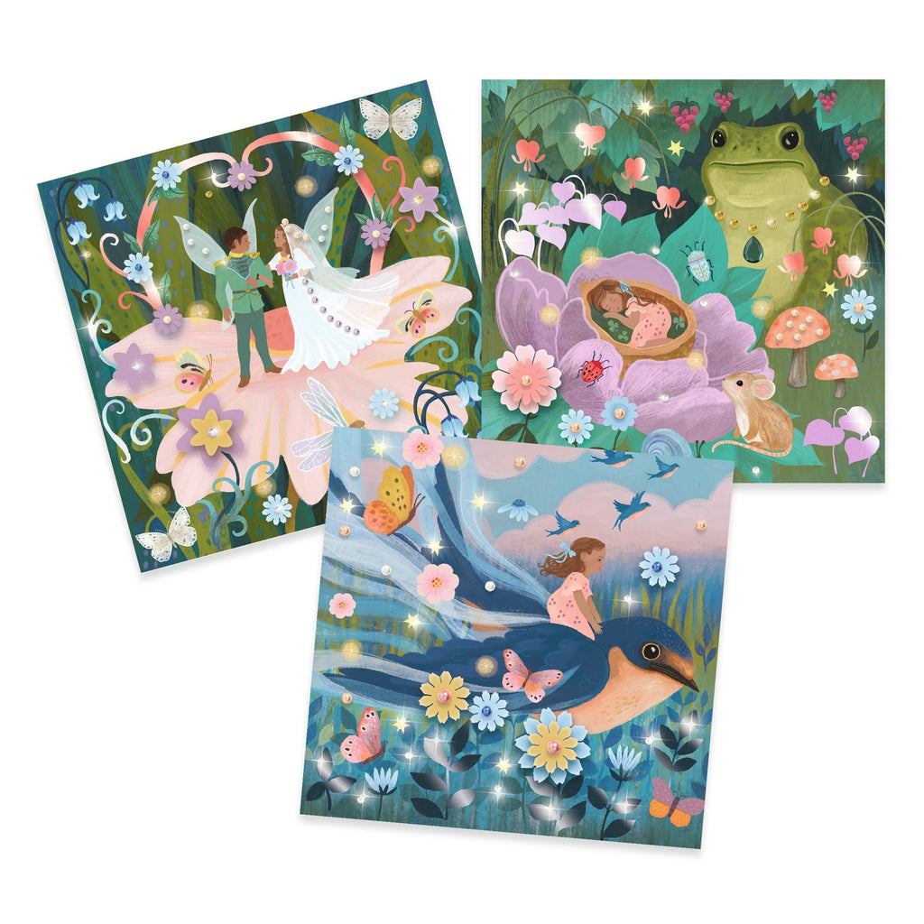 Três ilustrações decoradas do kit Djeco: casal de fadas, Polegarzinha num botão de flor com um sapo, e a menina na andorinha.
