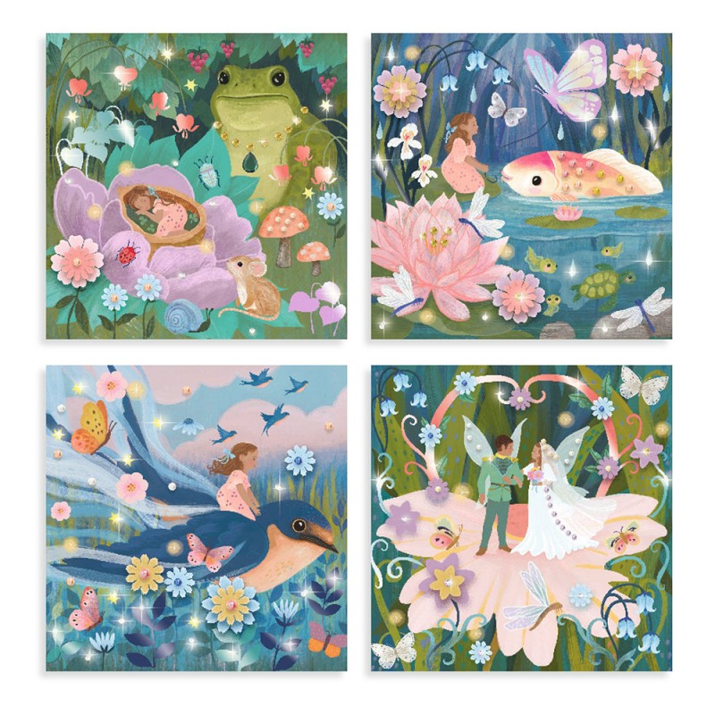 Conjunto das quatro ilustrações decoradas do kit, incluindo a cena do sapo, do peixe, da andorinha e do casamento das fadas.