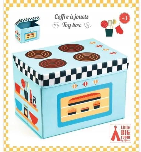 Caixa de arrumação Djeco com design de fogão, vista frontal com tampa fechada. Ilustrações de forno e prateleiras laterais.
