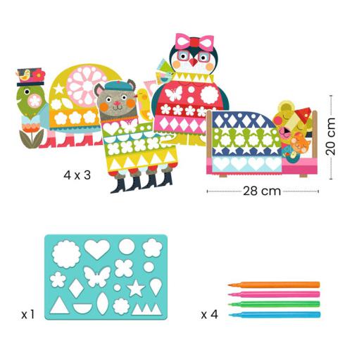 Instruções passo a passo (1 e 2) de como usar o estêncil para colorir a tartaruga, mostrando a aplicação do marcador através do molde.