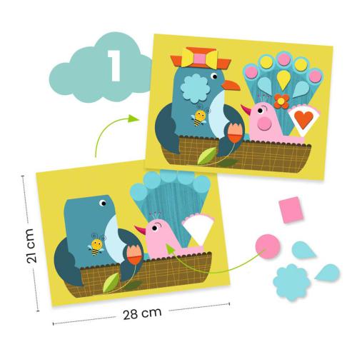 Demonstração da Atividade 1: colagem de formas para criar pássaros coloridos num ninho, com dimensões 21x28 cm.
